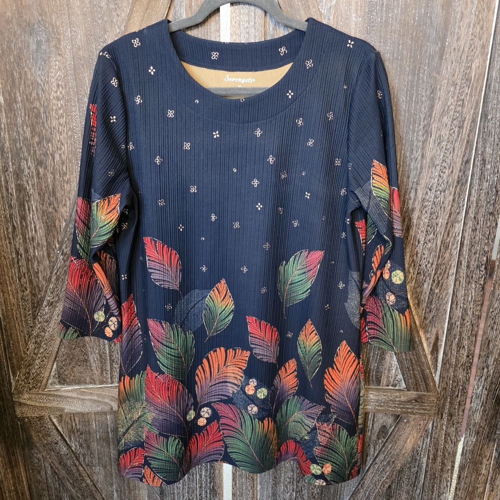 Serengeti Dress Women's Size Medium Navy Blue Leaves Floral Metallic Mini